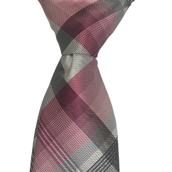 Geoffrey Beene Pink Gray Plaid Silk Blend Men’s Tie Business Executive Office - Picture 1 of 8